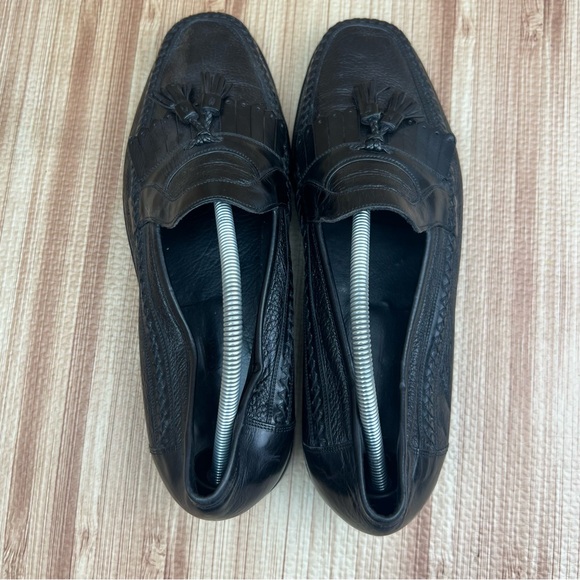 Johnston & Murphy Domani Shoes Size 12 Black Woven Leather Tassel Loafers Italy - Picture 8 of 12